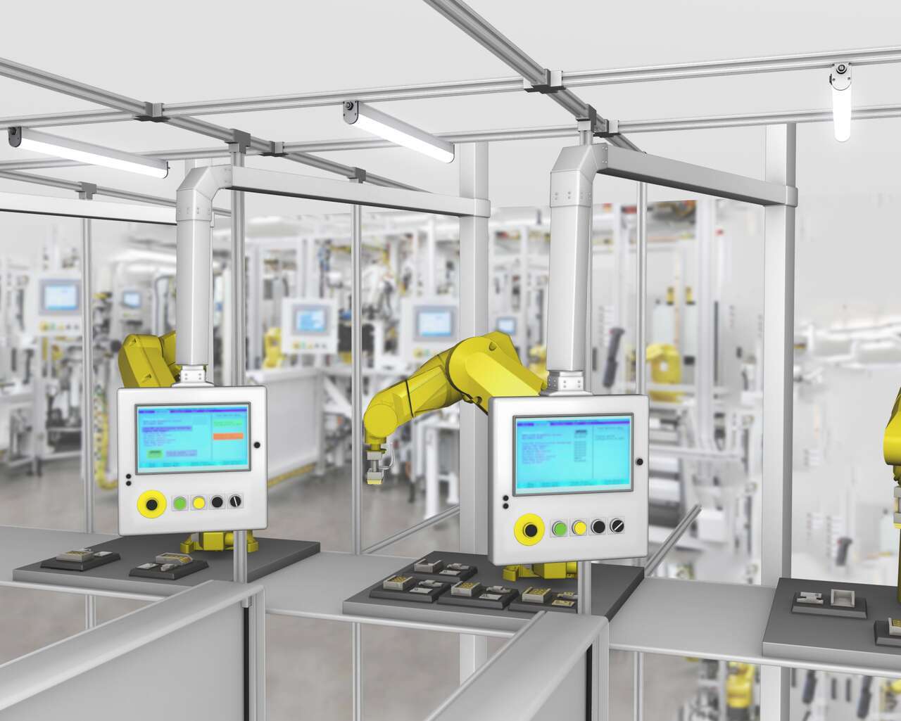 Bright lights illuminate robotic workstations