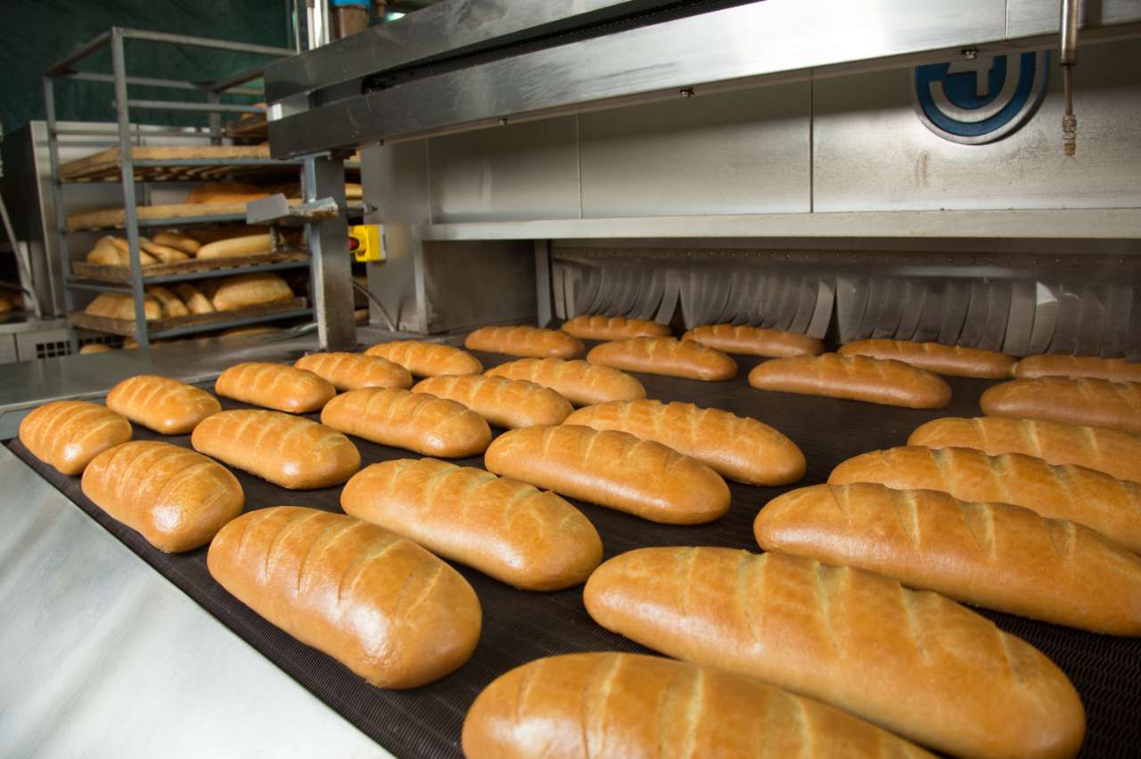 Fresh hot baked bread loaves on the production line loaves of bread