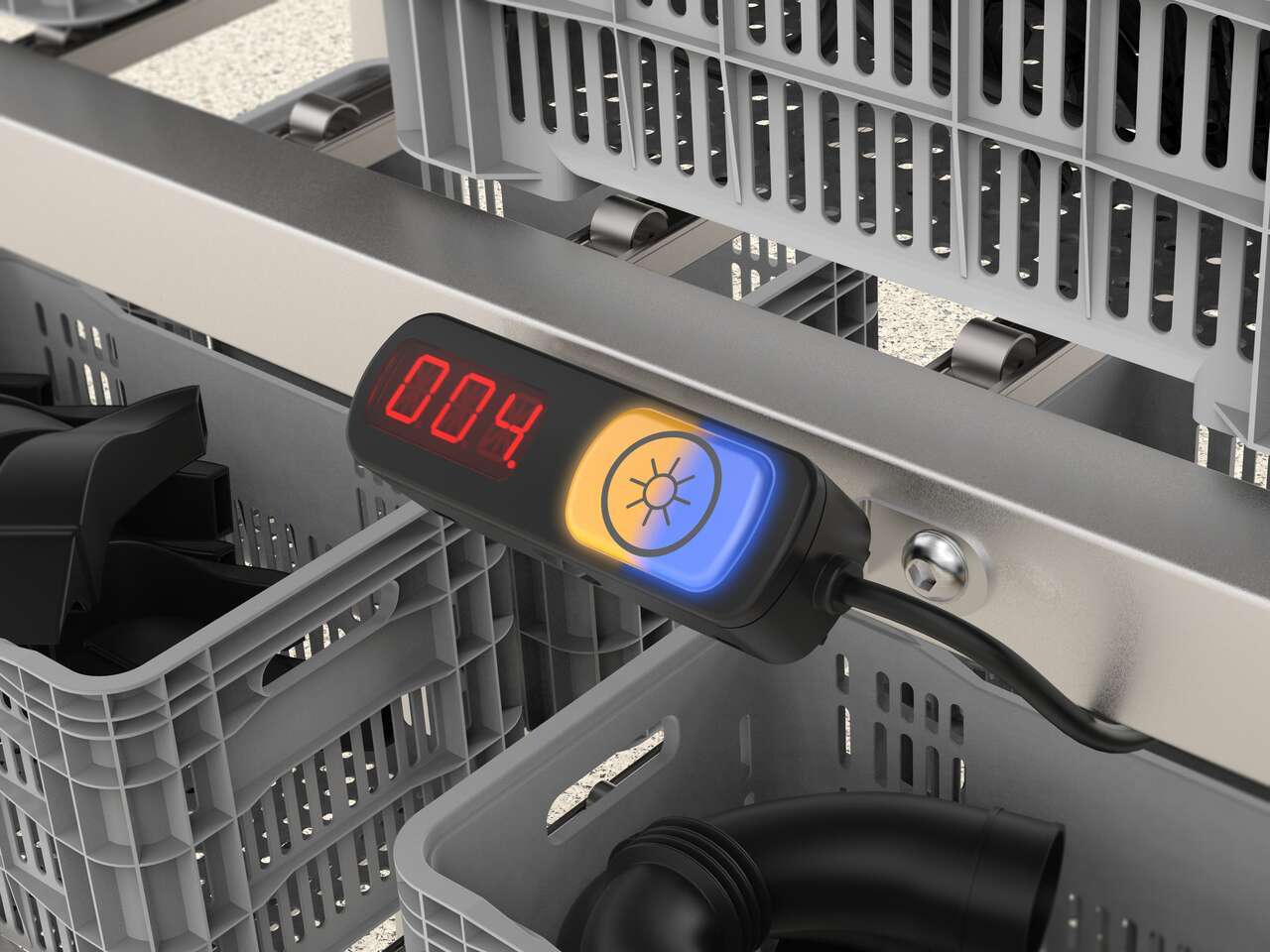 ptl110-kitting-app-image-cu-orange-blue PTL110 pick to light device on a rack of bins