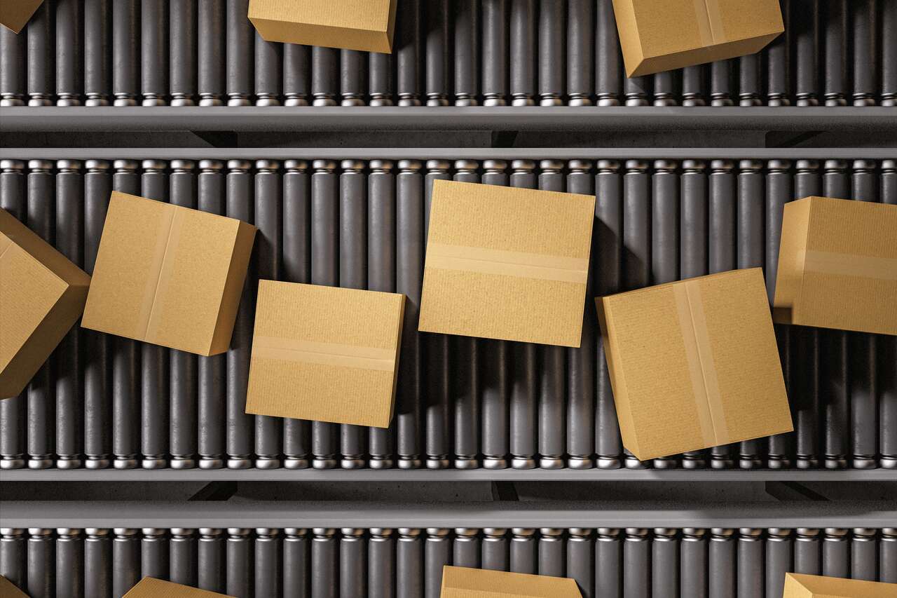Top view of boxes on conveyor belt boxes on a conveyor