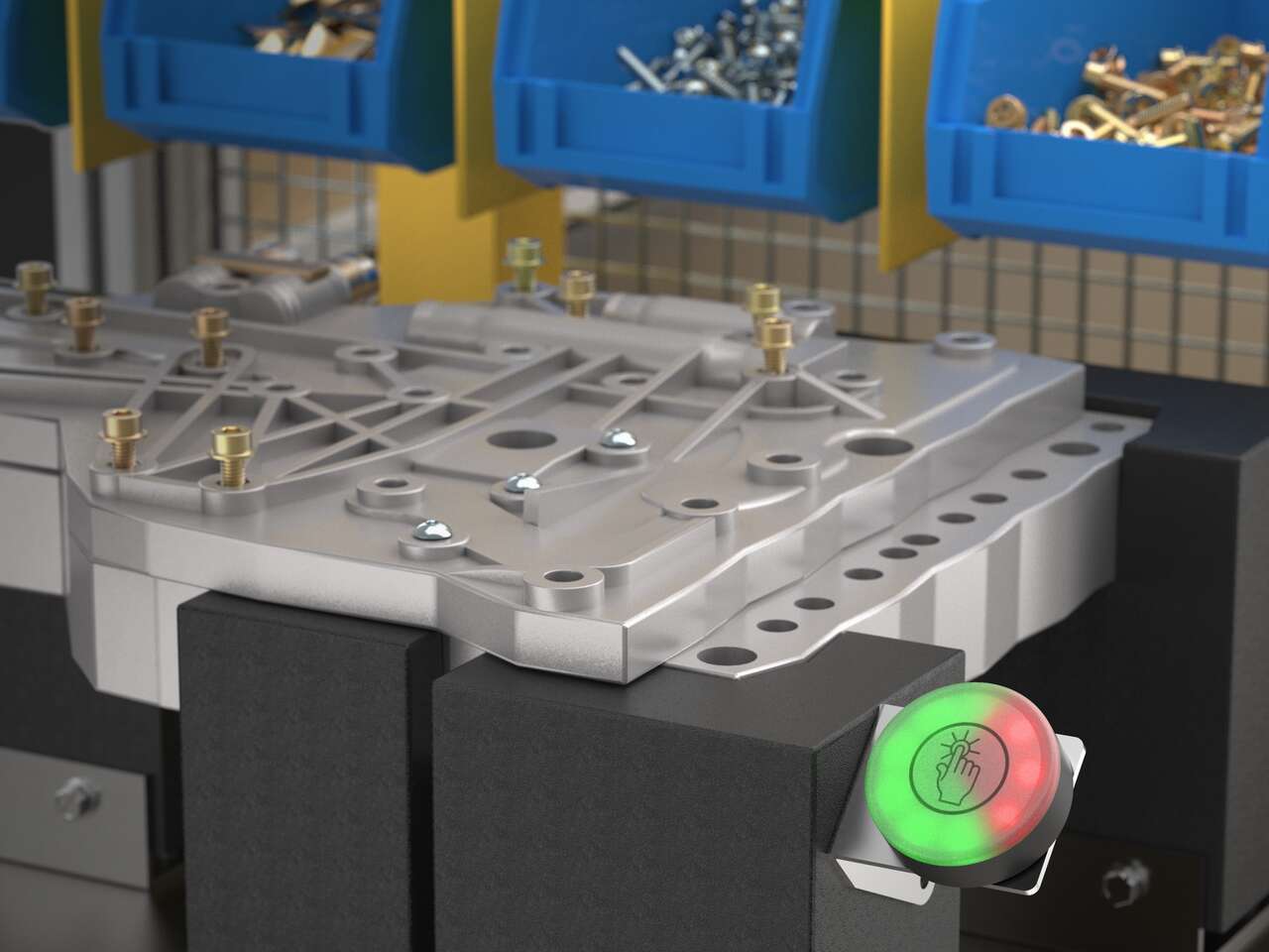 k50-compact-2-color-timer-transmission-assembly-station K50 touch button used for takt time monitoring at an assembly station
