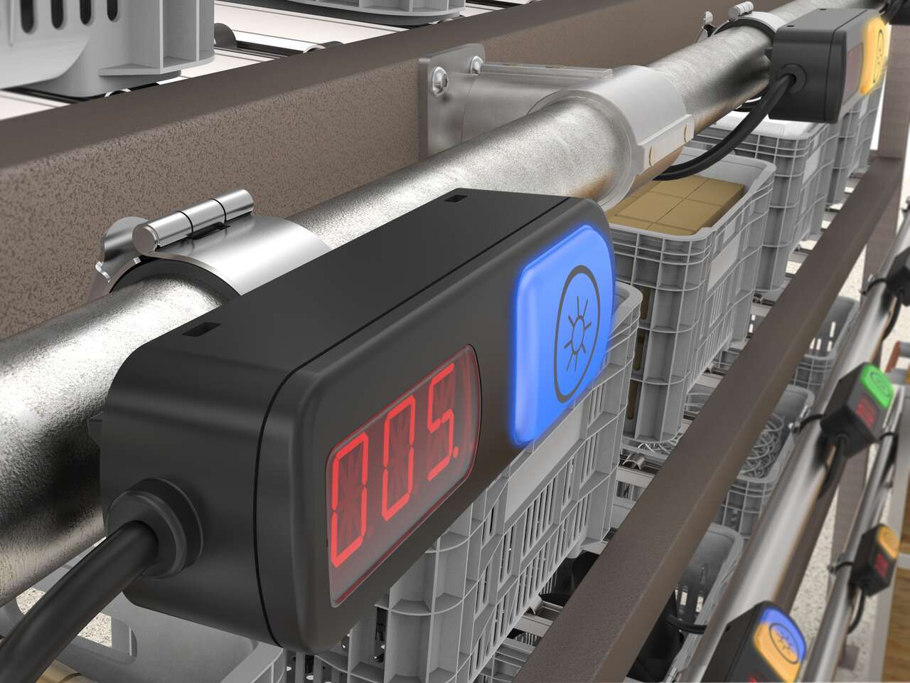 ptl110-kitting-pipe-mount-app-image pick to light devices on a rack of bins