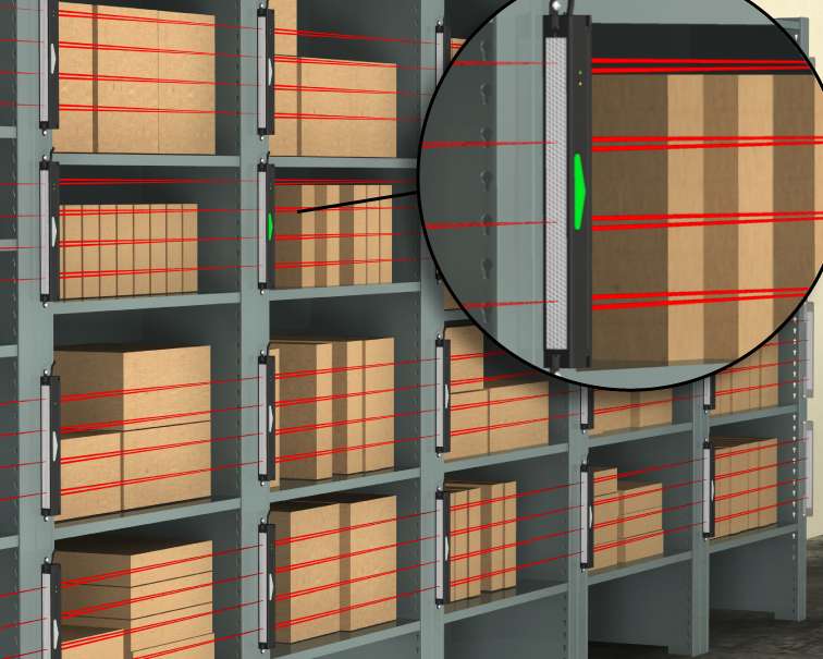 PVL-Bin-Pick---Outside-Mount-w-reflector-Tape Shelving with boxes and pick to light devices