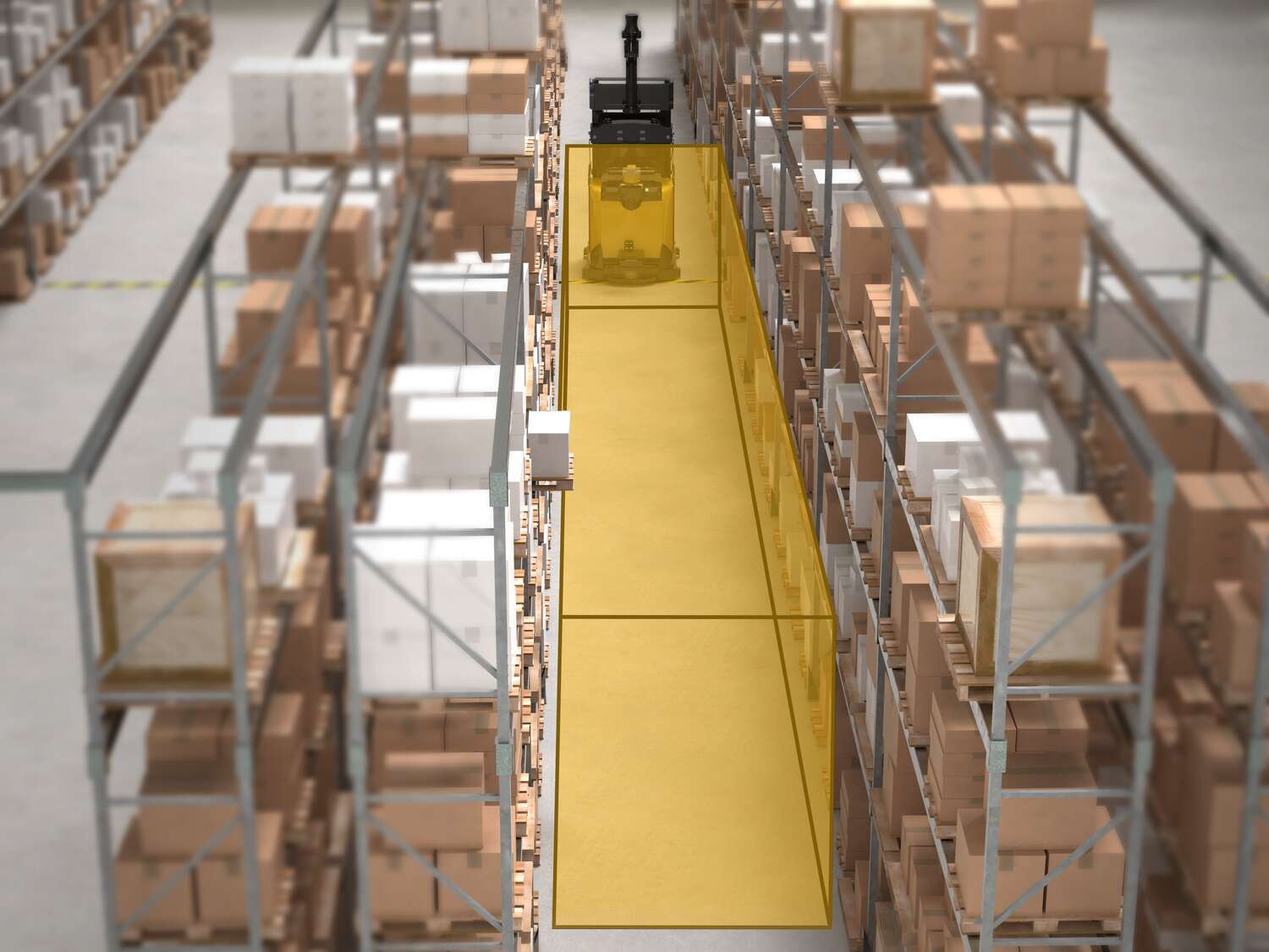 Q90R2 autonomous forklift avoiding collision with boxes on warehouse shelving