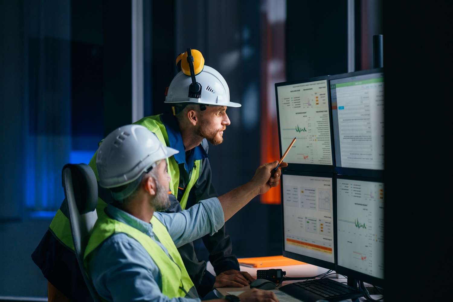 Two engineers looking at data on a computer screen